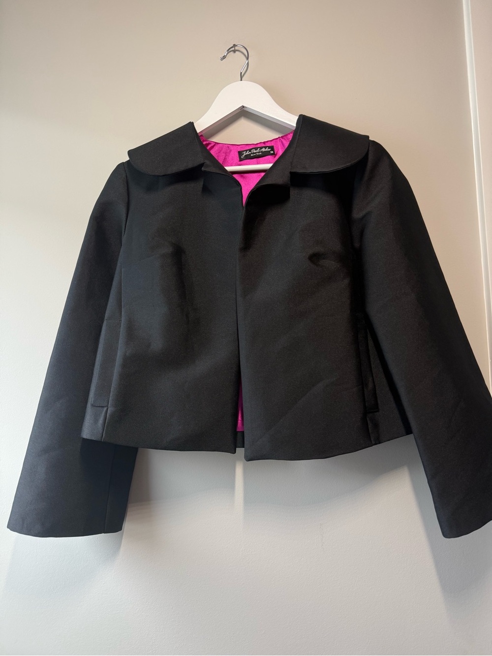 John Paul Ataker Black Cropped Jacket Pink Satin Lining Size 4